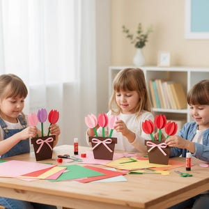 Mother’s Day Tulip Craft Template | Printable DIY Flower Pot Gift | Kids Craft Activity