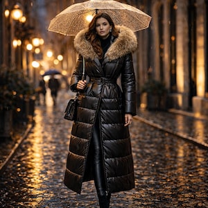 Peut inclure: Une femme porte un long manteau noir matelassé avec une capuche bordée de fourrure et une ceinture. Elle tient un parapluie transparent et marche sur une rue pavée mouillée. Le manteau est long et a un design matelassé.