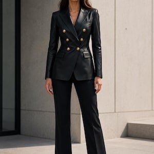 Blazer da donna in pelle nera, giacca doppiopetto con bottoni dorati, cappotto in ecopelle, elegante abbigliamento da ufficio, capospalla di tendenza, idea regalo