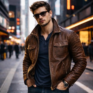Pode incluir: Casaco de couro castanho com design acolchoado nos ombros e dois bolsos no peito. O casaco tem gola e fecho de correr. A pessoa está a usar uma camisa azul marinho e óculos de sol. O fundo é uma rua da cidade.