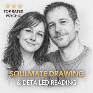 Peut inclure: Dessin au crayon en noir et blanc d'un couple souriant. Le texte "TOP RATED PSYCHIC" est en haut, avec trois étoiles dorées. En dessous, le texte indique "SOULMATE DRAWING & DETAILED READING".