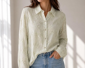 Women's Lace Textured Collared Shirt Long Sleeve Button-Through Blouse