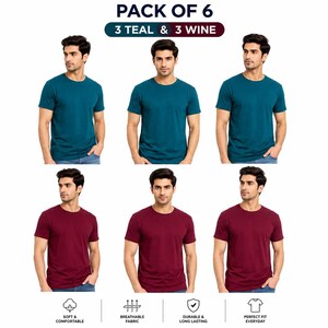 May include: A pack of 6 crew neck t-shirts featuring 3 teal shirts and 3 wine-coloured shirts. The text PACK OF 6 and 3 TEAL & 3 WINE is displayed at the top. Icons at the bottom represent soft, breathable, durable, and everyday fit features.