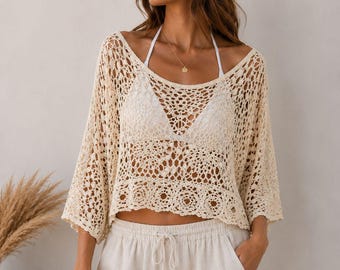 Crochet Knit Beach Cover Up Top: Boho Hollow Out Summer Jumper Wide Sleeves