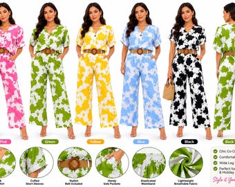 Women's Abstract Print Co-Ord Set with Belt | V Neck Top & Wide Leg Trousers | Summer Holiday Lounge Outfit | UK 8-12