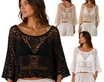 Crochet Knit Beach Cover Up Top: Boho Hollow Out Summer Jumper Wide Sleeves