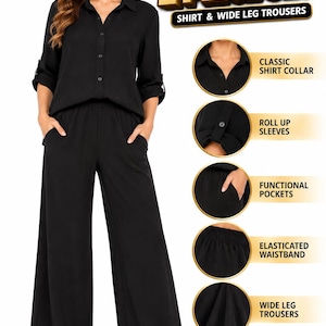 Könnte beinhalten: Ein schwarzes zweiteiliges Set bestehend aus einem Hemd mit klassischem Kragen und hochkrempelbaren Ärmeln sowie einer weit geschnittenen Hose mit elastischem Bund und Taschen. Der Text lautet WOMEN'S 2 PIECE SET SHIRT & WIDE LEG TROUSERS.