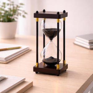 Op de afbeelding: Een decoratieve zandloper met een donkerhouten frame en zwart zand. De zandloper heeft een heldere glazen bolvorm en gouden accenten. Een klassiek tijdmeetinstrument en een stijlvol woondecoratie-item.