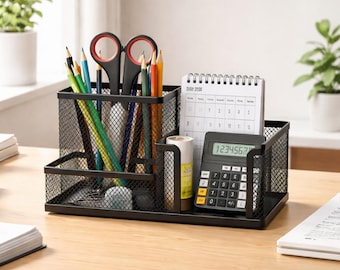 Organizador de escritorio de metal negro: organizador de malla para oficina con múltiples compartimentos