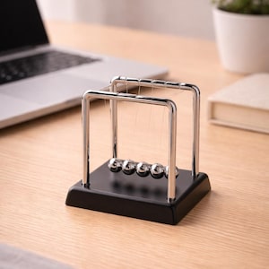 May include: A Newton's cradle desk toy with five polished steel balls suspended from a chrome frame. The base is black, and the toy sits on a wooden desk. A laptop, a plant, and a book are in the background.