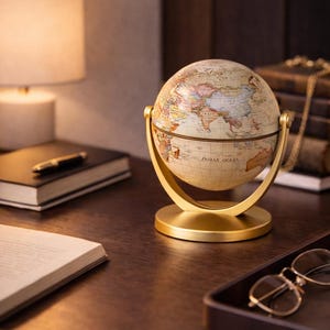 Puede incluir: Un globo terráqueo de estilo vintage con un mapa crema, montado en un soporte de metal dorado. El globo, con la inscripción "Indian Ocean", está sobre un escritorio de madera oscura, junto a una lámpara, libros y una bandeja con gafas.