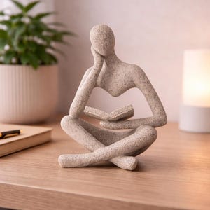 Pode incluir: Escultura bege de uma pessoa lendo um livro sentada de pernas cruzadas. A figura está em uma pose meditativa, com uma mão apoiando a cabeça. A escultura está em uma superfície de madeira.