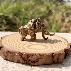 Puede incluir: Pequeña y detallada figura de latón de un mamut lanudo con colmillos curvos. La figura está sobre una rodaja de madera redonda y natural con anillos de crecimiento visibles. El fondo está borroso, mostrando follaje verde.