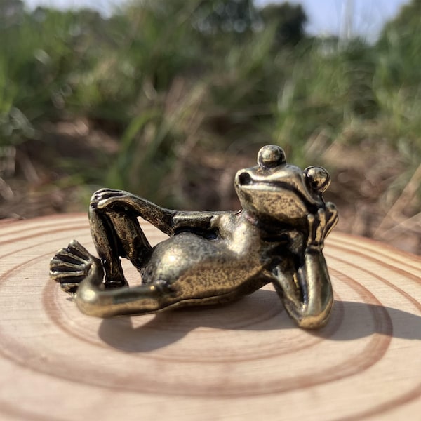 Handmade Brass Reclining Frog Figurine, Solid Copper Accent Decor