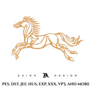 May include: A golden-colored line art design of a horse in mid-gallop. The horse is depicted with flowing mane and tail, set against a white background. The text "ZAIGH DESIGN" and file formats are at the bottom.