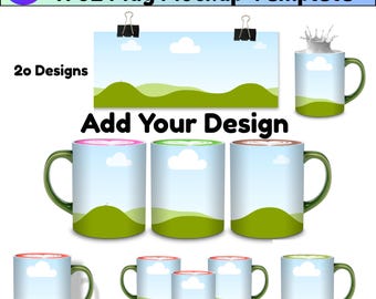 11oz Mug Mockup Canva | Drag & Drop Green Handle White Mug Mockup | Editable Coffee Cup Bundle | 20 Designs | Sublimation Template