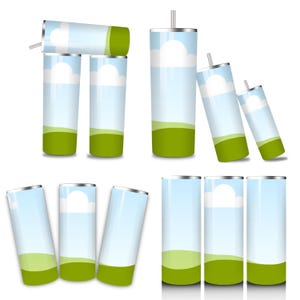 May include: A collection of cylindrical tumblers with a landscape design. Each tumbler features a blue sky with white clouds, a green grassy area, and a silver rim. Some tumblers are upright, while others are tilted.