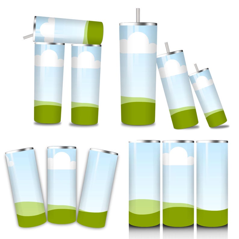 May include: A collection of cylindrical tumblers with a landscape design. Each tumbler features a blue sky with white clouds, a green grassy area, and a silver rim. Some tumblers are upright, while others are tilted.