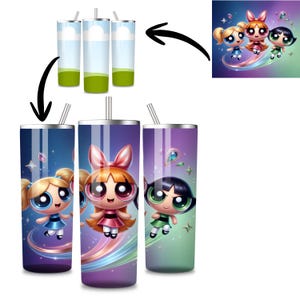 May include: Three stainless steel tumblers with cartoon character designs. Each tumbler features a different Powerpuff Girl, with a matching straw. The background of each tumbler is a gradient of colors, with stars and other decorative elements.