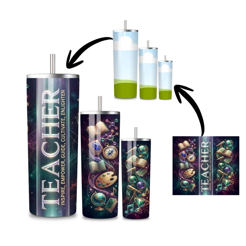 May include: A collection of insulated tumblers with various designs. The largest tumbler features the word "TEACHER" in a vertical design, with the words "INSPIRE, EMPOWER, GUIDE, CULTIVATE, ENLIGHTEN" below. Other tumblers have a galaxy theme with books, globes, and art supplies.