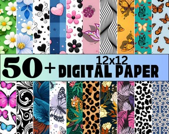 50+ Digital Paper Bundle, Floral Butterfly & Animal Print Patterns, Scrapbook Paper Pack, Printable Backgrounds, Instant Download