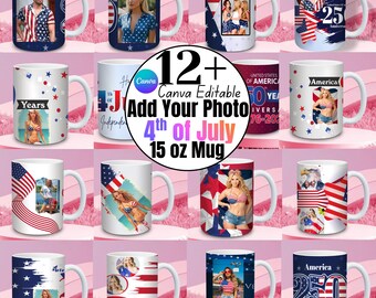 4th of July Photo Mug Wrap Bundle | Patriotic USA Mug Design | 15oz Mug Sublimation PNG | America 250 Anniversary Canva Editable