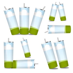 May include: A collection of insulated tumblers with a sky and landscape design. The tumblers feature a light blue sky with white clouds, a green grassy area, and a silver lid with a straw. The tumblers are cylindrical in shape.