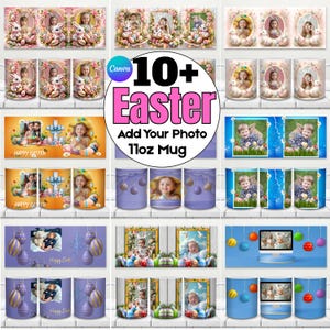 Puede incluir: Una colección de tazas de Pascua de 312 ml con varios diseños. Algunas tazas presentan fotos de niños, huevos de Pascua y conejitos. Otras tazas tienen diseños florales y en colores pastel. El texto "HAPPY EASTER" y "10+ Easter Add Your Photo 11oz Mug" son visibles.