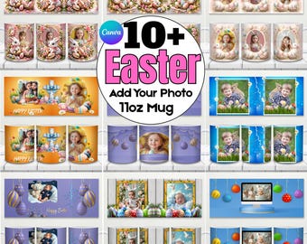 10+ Happy Easter Photo Mug Bundle – Add Your Photo 11oz Sublimation Watercolor Easter Eggs & Bunny Design– Transparent PNG Digital Download