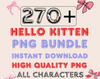 Pacchetto di oltre 270 immagini PNG di Hello Kitten / Pacchetto di clipart di gattini con fiocco rosa / Disegni di gatti carini e femminili per sublimazione / Pacchetto PNG di tendenza da scaricare digitalmente