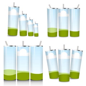 May include: Several stainless steel tumblers with a sky and cloud design. The tumblers have a light blue background with a white cloud and a green landscape at the bottom. Each tumbler has a silver straw.