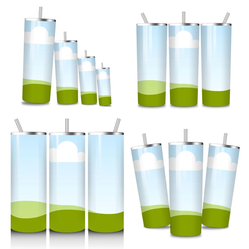 May include: Several stainless steel tumblers with a sky and cloud design. The tumblers have a light blue background with a white cloud and a green landscape at the bottom. Each tumbler has a silver straw.