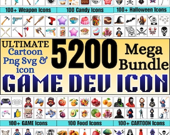5200+ Cartoon Icons Bundle PNG SVG | Game Icons, Food Icons, Halloween Icons, Weapon Icons | Cricut, Sublimation, Design | Instant Download
