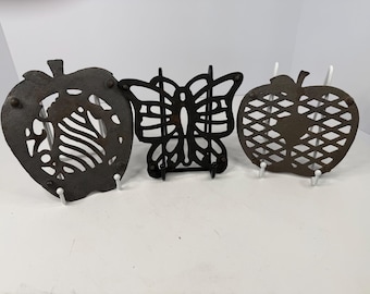 Vintage Cast Iron Trivet Set Apple Butterfly Pineapple Rustic Farmhouse Decor