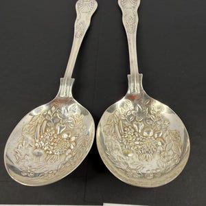 Vintage Silverplate Serving Spoons Set of Two EPNS Sheffield England Fruit Pattern Repousse