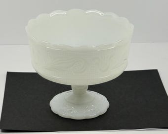 Vintage Milk Glass Pedestal Bowl Grape Pattern Compote Candy Dish Wedding Decor