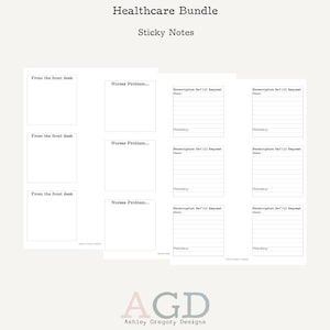 Può includere: Una raccolta di post-it bianchi con testo nero. Le note sono etichettate "From the front desk", "Nurses Problem..." e "Prescription Refill Request". Le parole "Healthcare Bundle" e "Sticky Notes" sono in alto.