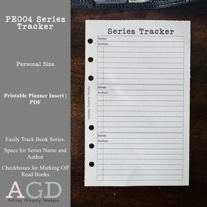 May include: A white printable planner insert with the text "Series Tracker" at the top. The insert has spaces to write the series name and author, with checkboxes to mark off read books. The text "PE004 Series Tracker" is also visible.