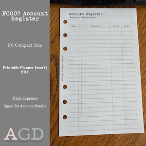 Könnte beinhalten: Ein druckbarer Kontenregister-Planereinsatz mit dem Text "FC007 Account Register". Der Einsatz enthält Abschnitte für Datum, Transaktion, Betrag und Saldo. Der Text "Track Expenses" und "Space for Account Details" sind ebenfalls sichtbar.