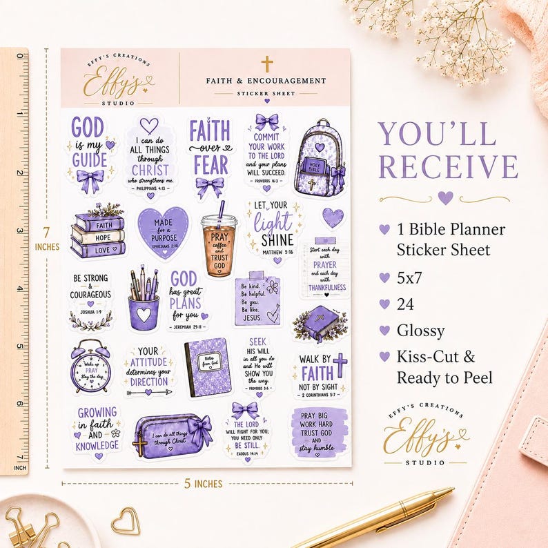 May include: A 5 by 7 inch glossy sticker sheet featuring 24 purple-themed faith-based designs. The stickers include illustrations of a backpack, coffee cup, alarm clock, books, and pens, alongside inspirational text like God is my guide and Faith over fear.