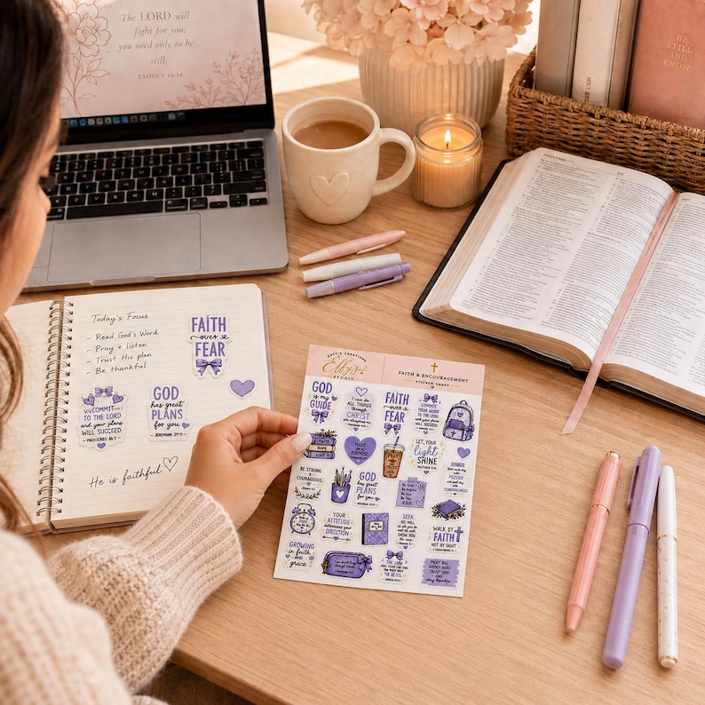 May include: A sticker sheet featuring various purple-themed faith-based designs, including text like Faith Over Fear, God Has Great Plans, and Let Your Light Shine. The sheet is held over an open spiral notebook containing similar stickers and handwritten notes.