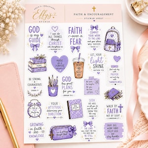 May include: A sticker sheet titled Faith & Encouragement featuring various purple-themed illustrations including a backpack, books, a coffee cup, a pencil holder, a clock, and a notebook, all decorated with inspirational religious text and small bows.