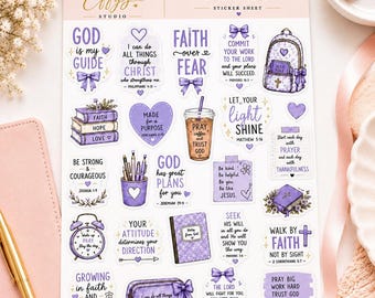 May include: A sticker sheet titled Faith & Encouragement featuring various purple-themed illustrations including a backpack, books, a coffee cup, a pencil holder, a clock, and a notebook, all decorated with inspirational religious text and small bows.