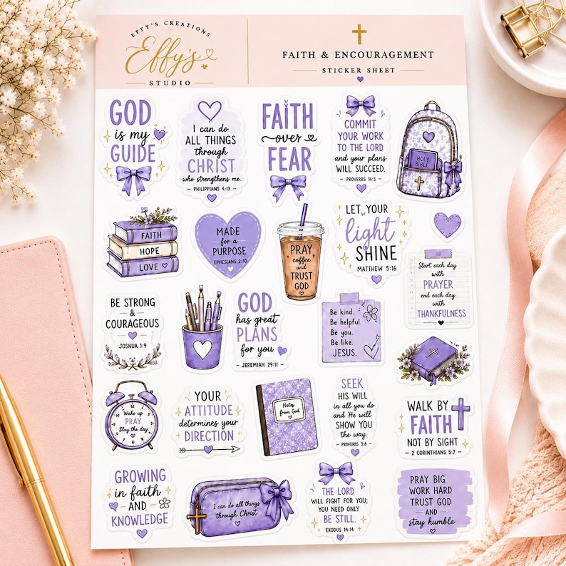 May include: A sticker sheet titled Faith & Encouragement featuring various purple-themed illustrations including a backpack, books, a coffee cup, a pencil holder, a clock, and a notebook, all decorated with inspirational religious text and small bows.