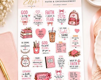 May include: A sticker sheet titled Effy's Studio Faith & Encouragement featuring various pink and white illustrations including a backpack, books, a coffee cup, a pencil holder, an alarm clock, and a pouch, all decorated with religious text.