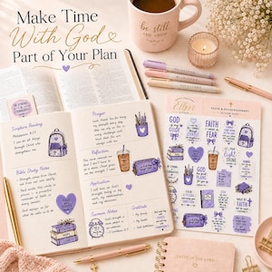 May include: An open journal with handwritten notes and purple faith-themed stickers, a matching sticker sheet, a pink mug with the text 'be still and know', a candle, and pens. The journal pages feature headers for Scripture Reading, Prayer, and Reflection.