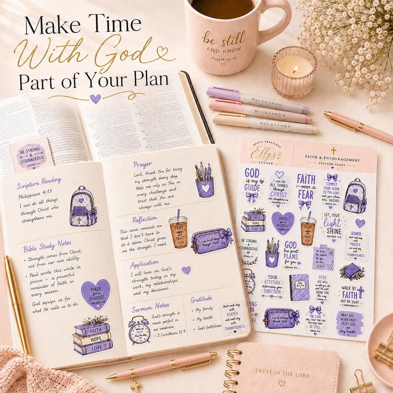 May include: An open journal with handwritten notes and purple faith-themed stickers, a matching sticker sheet, a pink mug with the text 'be still and know', a candle, and pens. The journal pages feature headers for Scripture Reading, Prayer, and Reflection.