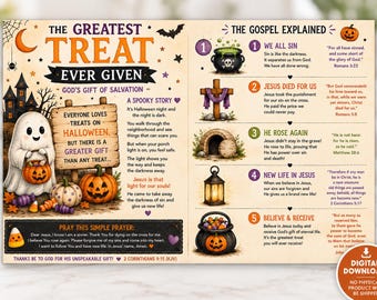 Peut inclure: Un dépliant religieux rectangulaire sur le thème d'Halloween intitulé The Greatest Treat Ever Given. Il présente un fantôme, des citrouilles et un panneau en bois avec du texte, ainsi qu'une liste en cinq points intitulée The Gospel Explained avec des illustrations de chaudron, croix, tombeau, lanterne et seau à bonbons.