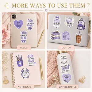 May include: A collection of purple-themed faith-based stickers displayed on a tablet, laptop, notebook, and water bottle. The stickers feature various religious quotes, illustrations of books, a backpack, a coffee cup, and an alarm clock.