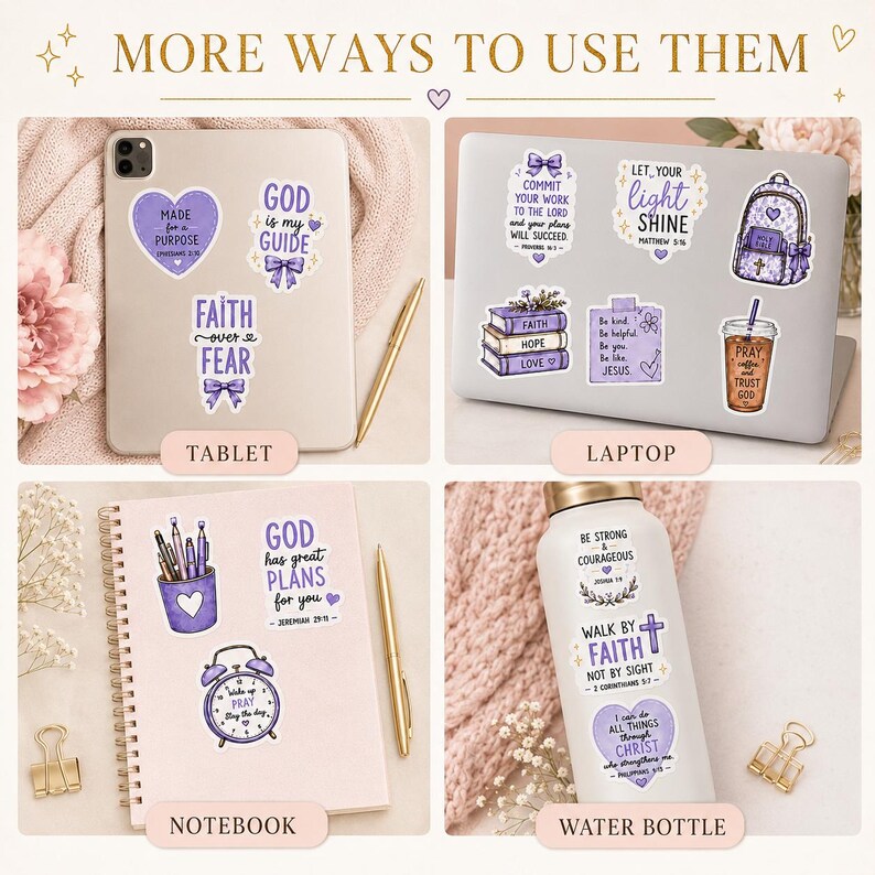 May include: A collection of purple-themed faith-based stickers displayed on a tablet, laptop, notebook, and water bottle. The stickers feature various religious quotes, illustrations of books, a backpack, a coffee cup, and an alarm clock.